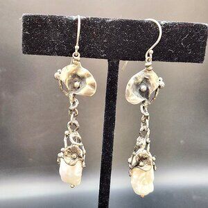 Freshwater Pearl Artsy Lily Bloom Drop Earrings 925 Silver